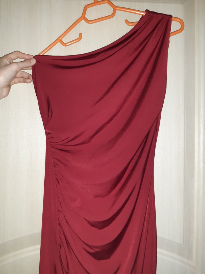 bordo Drapeli V Yakalı Midi Abiye Elbise - Görsel 2