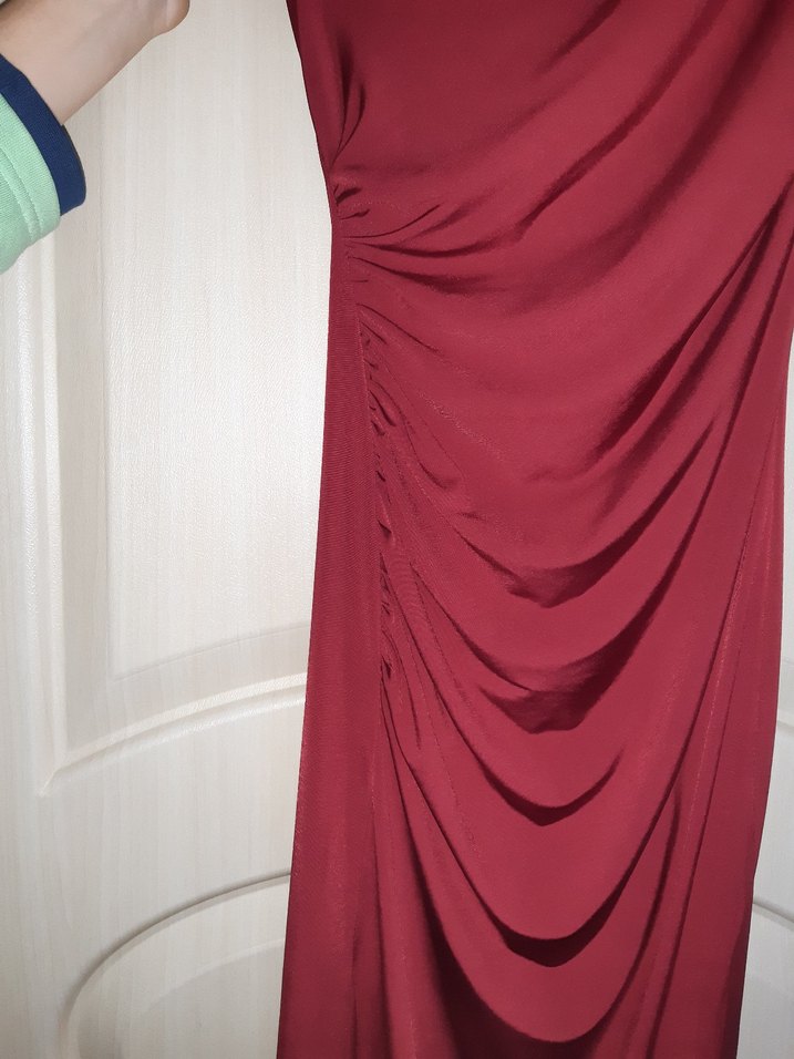 bordo Drapeli V Yakalı Midi Abiye Elbise - Görsel 4