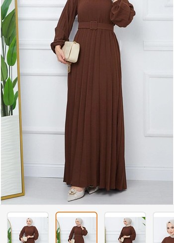 Kadın Kahverengi Piliseli Uzun Elbise - Görsel 2