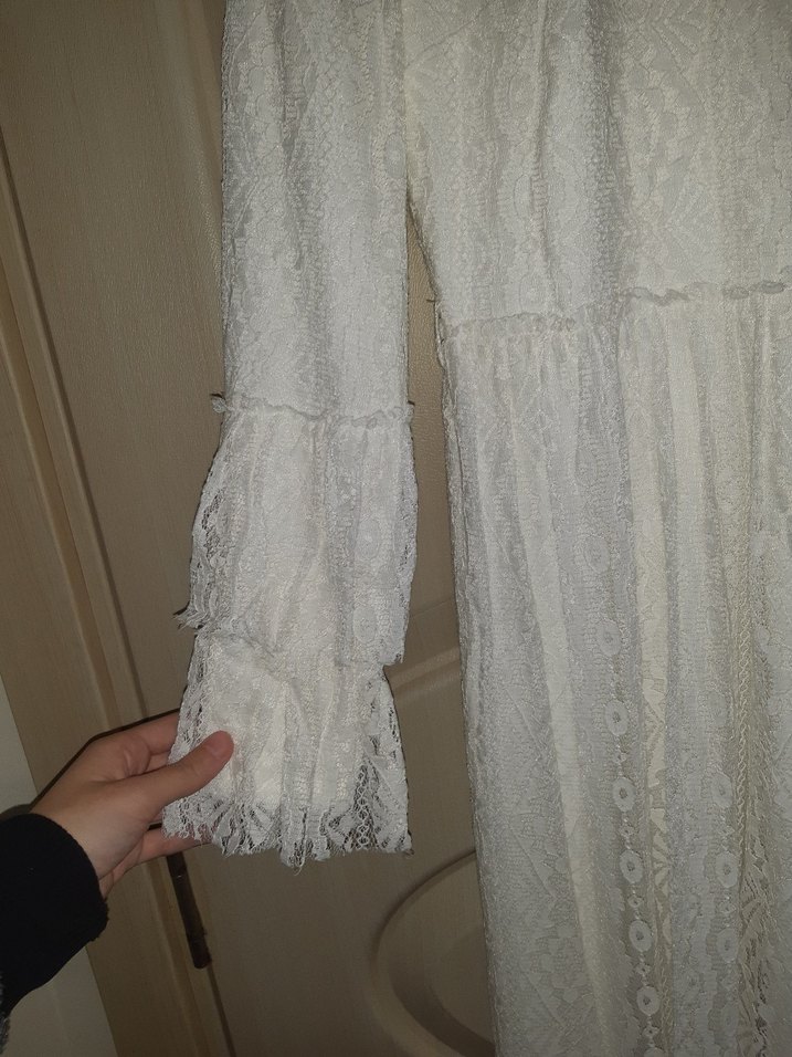 Dantel Detaylı Uzun Beyaz  Elbise - Görsel 4