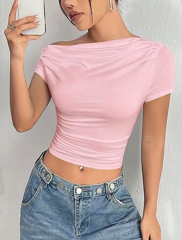 Pembe düşük omuz bluz