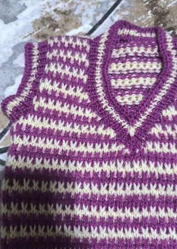 Mor V Yaka El Örgüsü Bebek Süveter - Görsel 2