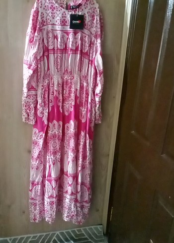 Suwen Pembe Bağlama Desenli Uzun Bohem Elbise