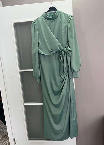 Uzun Turkuaz Drapeli Kadın Abiye Elbise - Görsel 3