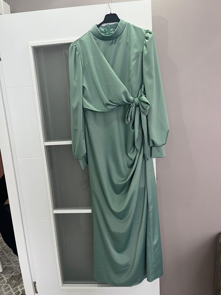 Uzun Turkuaz Drapeli Kadın Abiye Elbise - Görsel 3