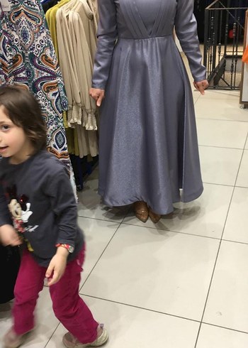 Abiye Gri Pilili Kadın Uzun Elbise