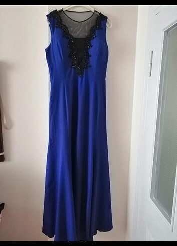 Saks mavisi balık model abiye elbise 