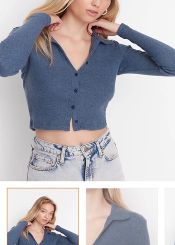 Düğmeli V Yaka Mavi Denim Kadın Hırka