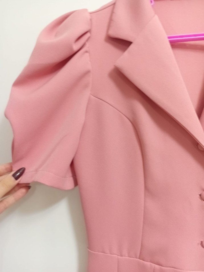 Pembe Düğmeli Balon Kol Elbise - Görsel 3