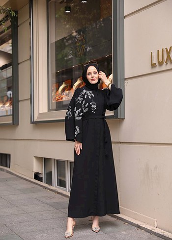 universal Beden Nakışlı Siyah Uzun Kollu Uzun abaya