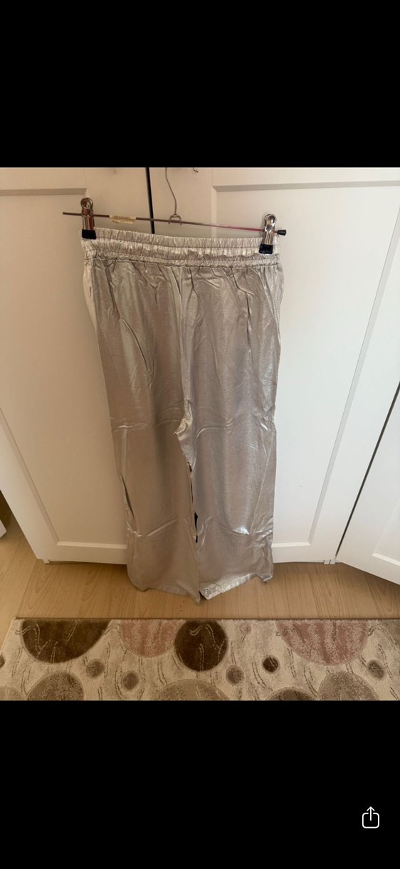 Gri Metalik Kadın Salaş Pantolon - Görsel 5