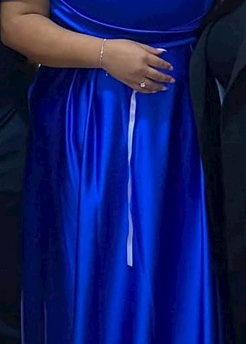 Mavi Uzun Drapeli Kadın Abiye Elbise - Görsel 5