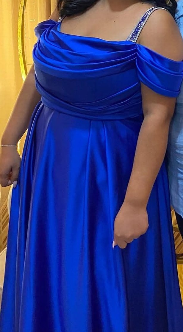 Mavi Uzun Drapeli Kadın Abiye Elbise - Görsel 4