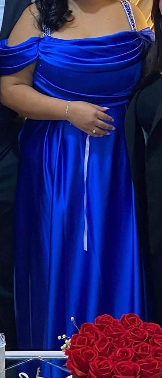 Mavi Uzun Drapeli Kadın Abiye Elbise - Görsel 5