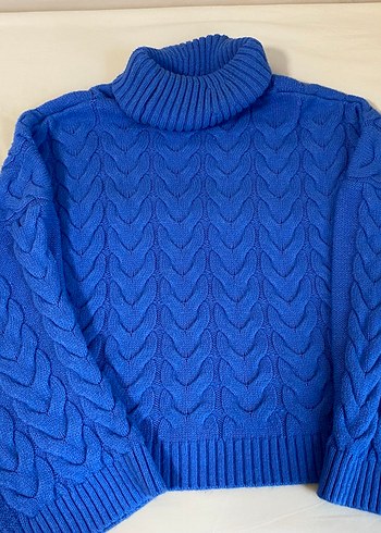 Mavi Örgü Boğazlı Kadın Kazak - Görsel 2