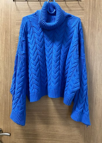 Mavi Örgü Boğazlı Kadın Kazak - Görsel 4