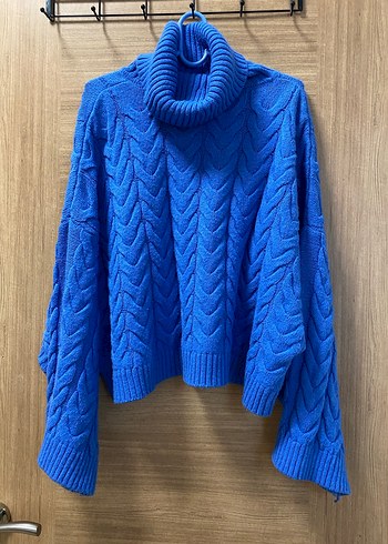 Mavi Örgü Boğazlı Kadın Kazak - Görsel 3