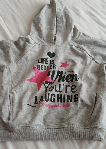 Kız Çocuk Gri Kapüşonlu Parlak Baskılı Sweatshirt