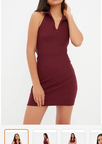 Bordo V Yaka Kolsuz Fitilli Örme Mini kalem Elbise