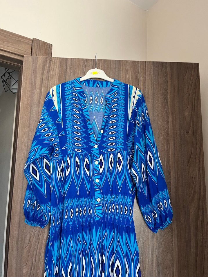 Uzun Mavi Bohem Desenli Elbise - Görsel 2