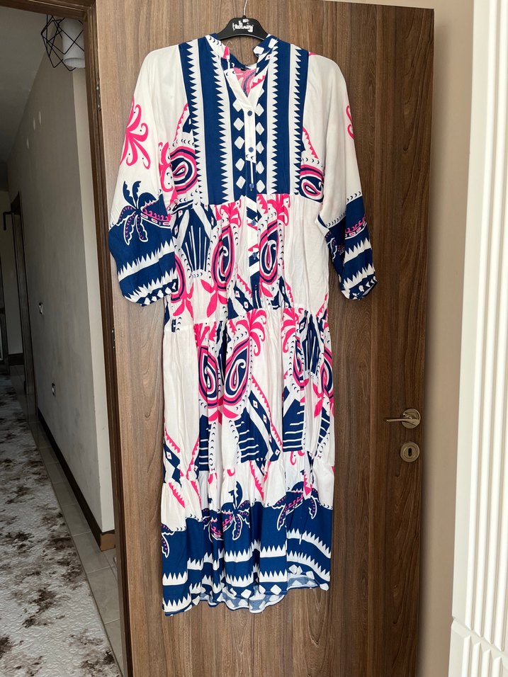 Renkli Bohem Uzun Kollu V Yakalı Elbise - Görsel 2