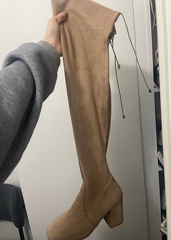 Bej Süet Dizüstü Topuklu Kadın Çizme - Görsel 11