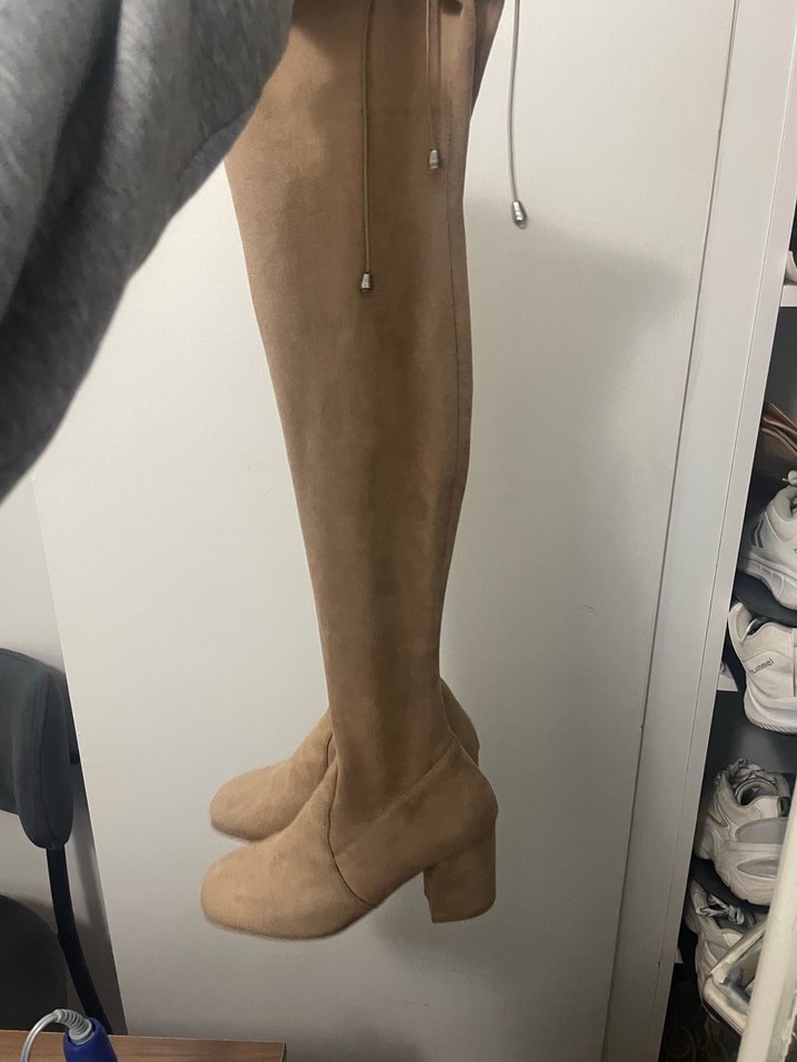 Bej Süet Dizüstü Topuklu Kadın Çizme - Görsel 3