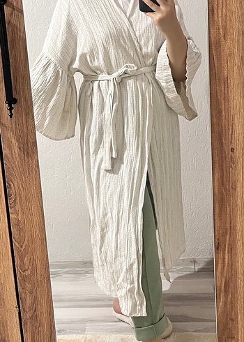 Uzun Kesim Beyaz Keten Kadın Kimono