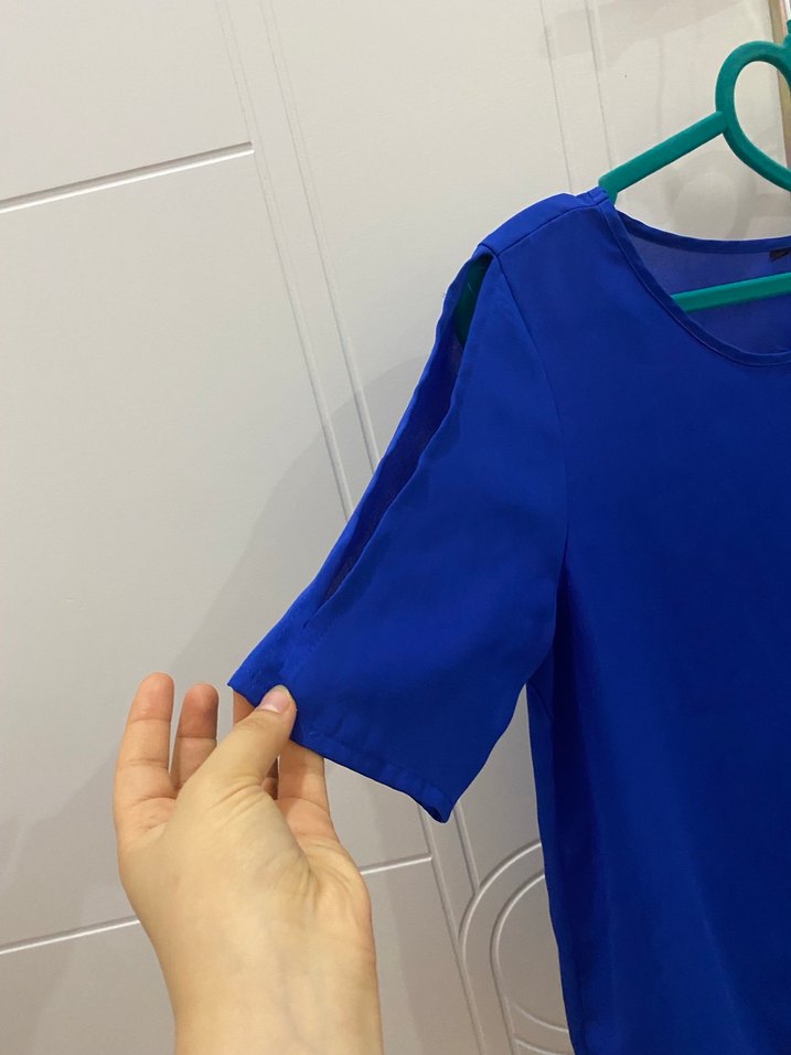 Mavi Kısa Kollu Salaş Kadın Bluz - Görsel 2