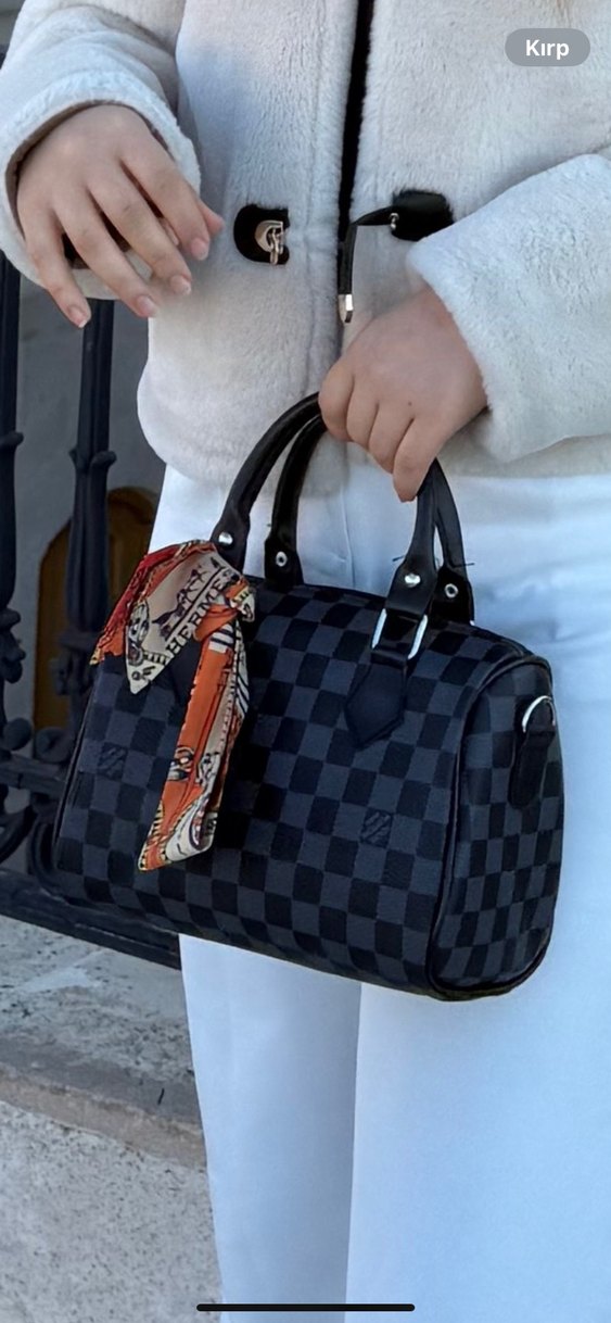 Siyah Kareli Deri Kadın Çanta - Görsel 2