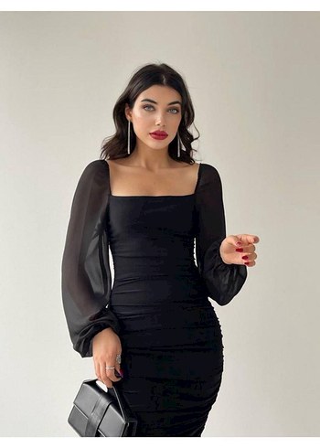 Drapeli Şeffaf Kollu Siyah Mini Elbise