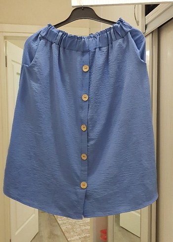 Düğmeli Mavi Midi Keten Etek - Görsel 2