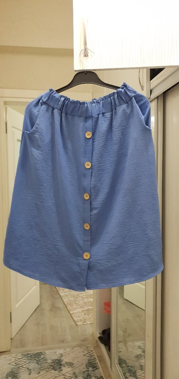 Düğmeli Mavi Midi Keten Etek - Görsel 2