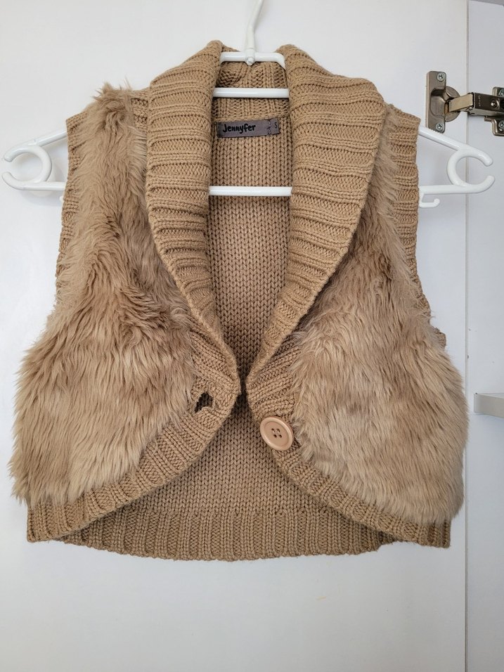 Kürk Detaylı Krem Triko Kadın Yelek - Görsel 3