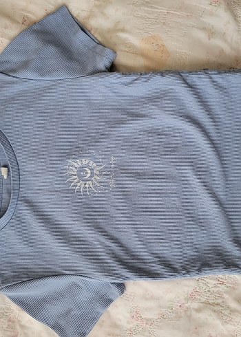 Kadın Mavi Denim Baskılı Kısa Kollu Tişört