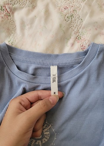 m Beden Kadın Mavi Denim Baskılı Kısa Kollu Tişört