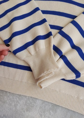 Mavi Çizgili Polo Yaka Kadın Triko - Görsel 5