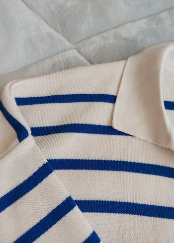 Mavi Çizgili Polo Yaka Kadın Triko - Görsel 3