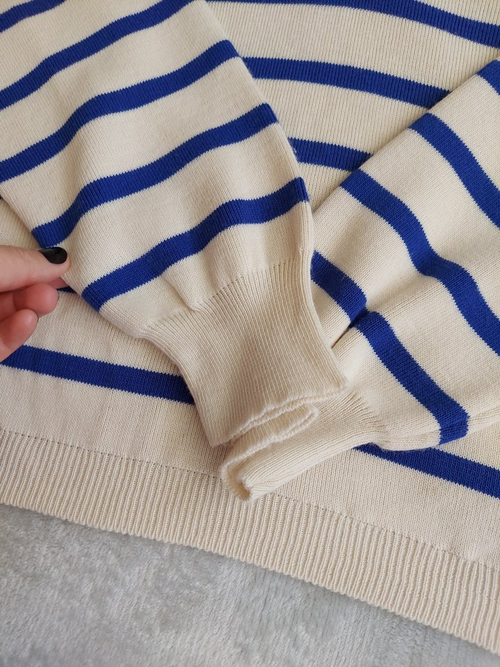 Mavi Çizgili Polo Yaka Kadın Triko - Görsel 5