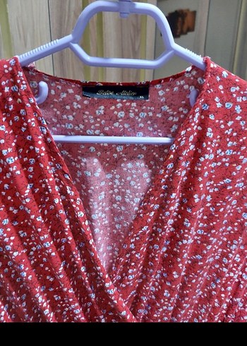 Kırmızı V Yaka Salaş Uzun Elbise - Görsel 2