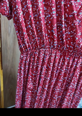 Kırmızı V Yaka Salaş Uzun Elbise - Görsel 3