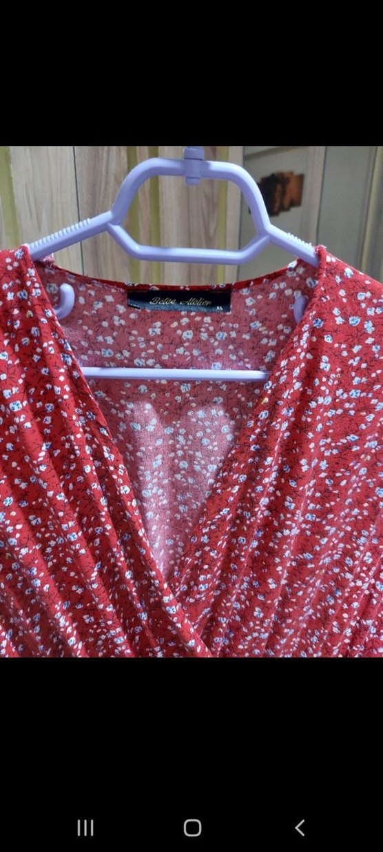 Kırmızı V Yaka Salaş Uzun Elbise - Görsel 2