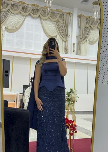 Lacivert İşlemeli Uzun Abiye Elbise - Görsel 8