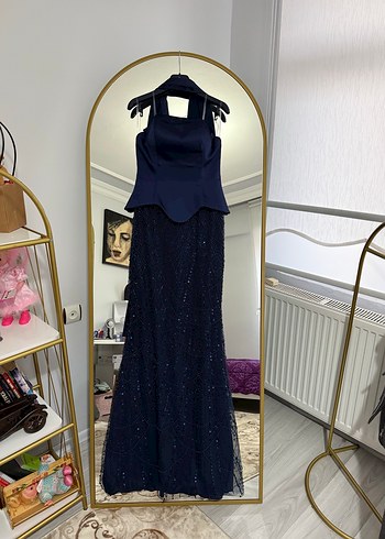 Lacivert İşlemeli Uzun Abiye Elbise - Görsel 5