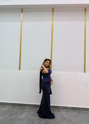 Lacivert İşlemeli Uzun Abiye Elbise - Görsel 7