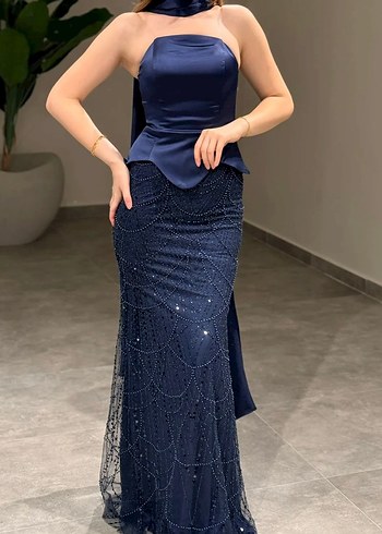 Lacivert İşlemeli Uzun Abiye Elbise - Görsel 2