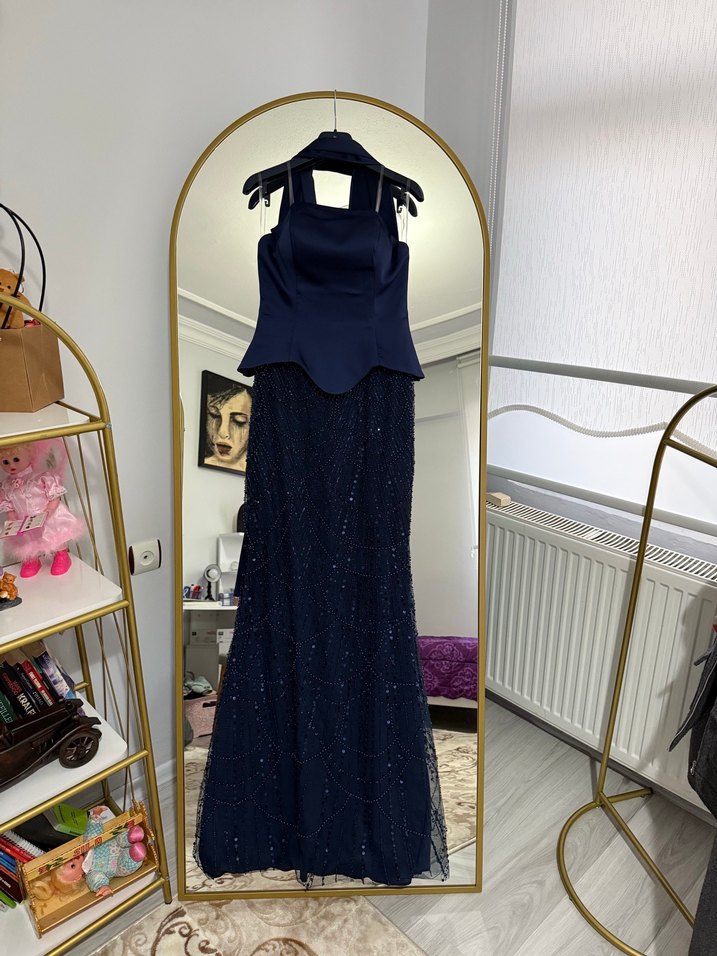 Lacivert İşlemeli Uzun Abiye Elbise - Görsel 5