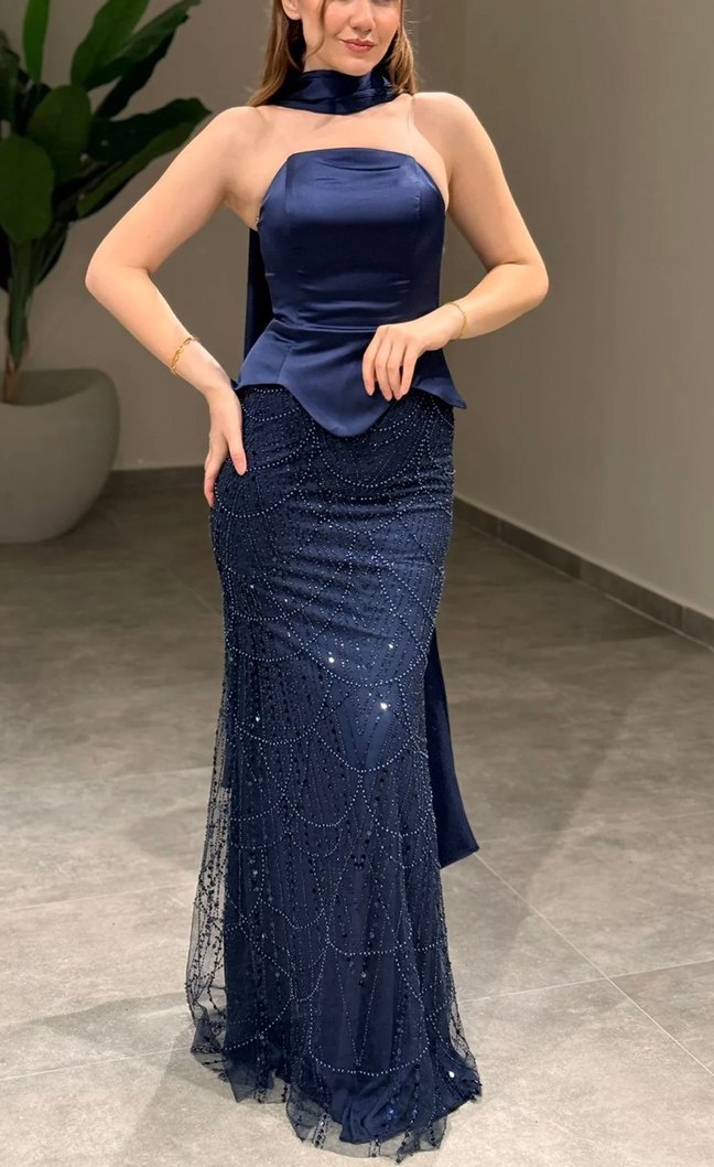 Lacivert İşlemeli Uzun Abiye Elbise - Görsel 2