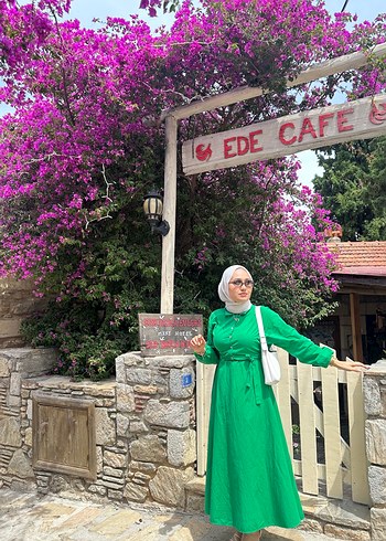 Yeşil Uzun Kol Drapeli Pamuklu Elbise