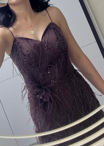 Kahverengi İşlemeli Uzun Abiye - Görsel 2